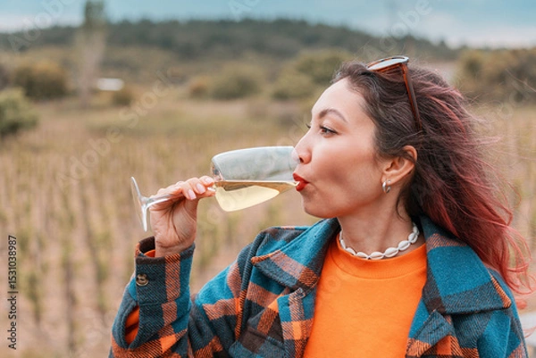 Fototapeta Woman enjoying a glass of white wine while tasting grapes in a sunlit vineyard, embracing the beauty of a peaceful autumn day