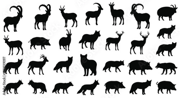Obraz A Diverse Collection Of Wildlife Silhouettes Featuring Deer Boars Ibex And Foxes