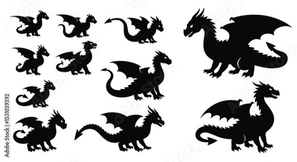 Obraz Diverse Array of Silhouette Dragons Expressing Mythical Power and Fantasy in the Designs