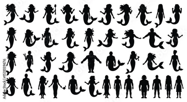 Obraz Diverse Silhouettes of Mythical Creatures and Humans in Black and White Illustration