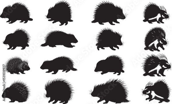 Fototapeta Porcupine Silhouettes – Solid Black & Outline Vector Set