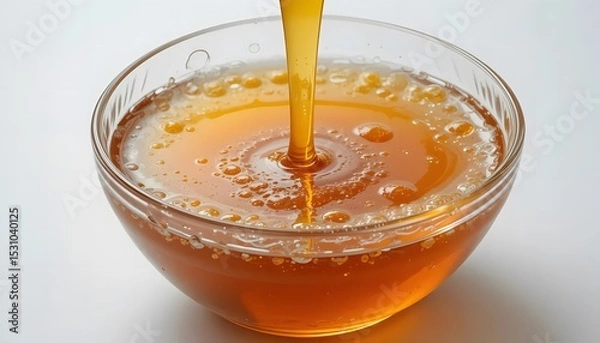 Obraz High detail close-up of honey in a glass bowl with air bubbles and reflections, white background