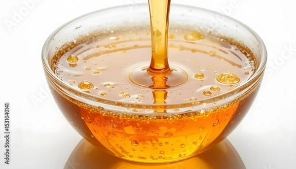 Obraz High detail close-up of honey in a glass bowl with air bubbles and reflections, white background