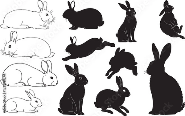 Obraz Rabbit Silhouettes – Solid Black & Outline Vector Set