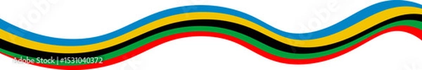 Fototapeta Bold wave-like layered stripes in blue, yellow, black, green, and red forming a smooth, dynamic pattern symbolizing energy, unity, and motion