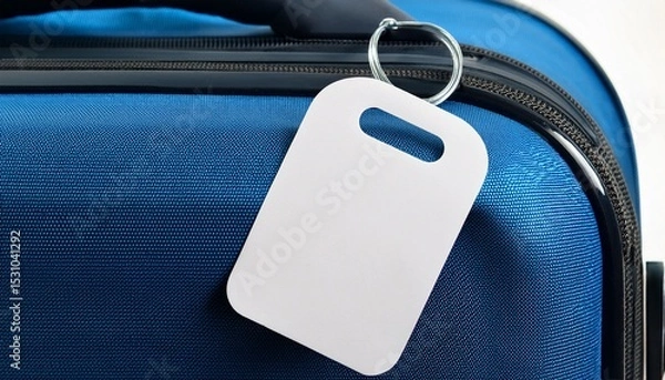 Obraz close up of a blank white luggage tag attached to a blue textured fabric possibly a suitcase or bag