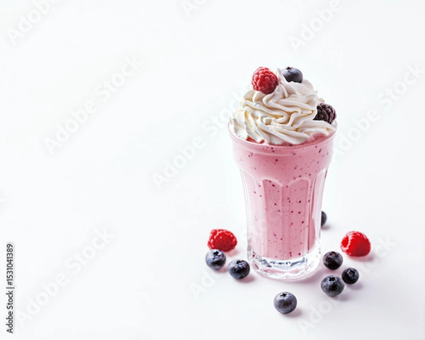 Obraz Milkshake with whipped cream in glass with raspberries and blueberries on white background. Minimalistic high key photo with copy space, soft studio light