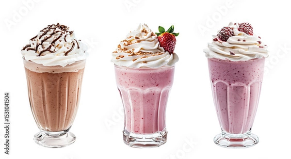 Obraz Chocolate, strawberry, raspberry milkshake with whipped cream. Set of glasses with berry cocktails decorated with topping. Isolated clipart with clear even edge on transparent background
