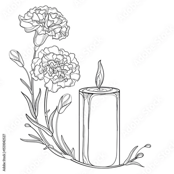 Fototapeta Corner bouquet with outline two Carnation flowers and burning candle in black isolated on white background. 