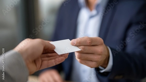 Fototapeta Closeup of business card being handed from one person to another, symbolizing networking and professional connections. scene conveys sense of opportunity and collaboration