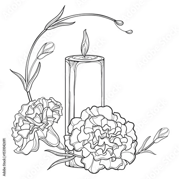 Obraz Corner bouquet with two outline Carnation flowers and burning candle in black isolated on white background. 