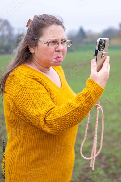 Obraz Angry Mature white woman yelling furiously on the phone, expressing frustration and emotional instability, anger and mental exhaustion