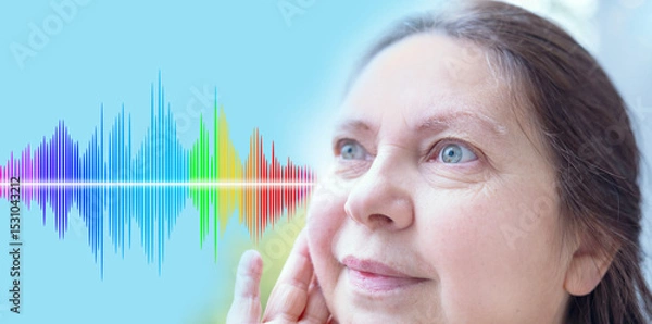 Obraz human ear closeup listening, sound wave, acoustics Auditory System, Hearing Test, Cochlear implant, Assistive listening device