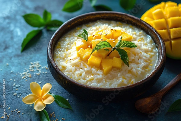 Fototapeta An oriental dish of rice and mango in a clay bowl. Generated by artificial intelligence