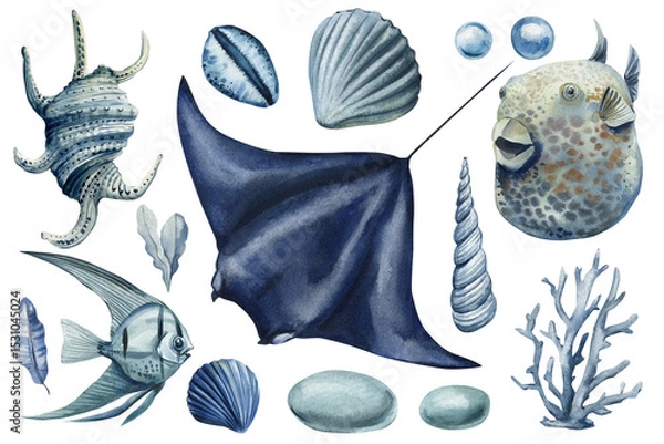 Obraz Watercolor Stingray Shells and Pebbles Clipart Set Ocean Animals Blue Sea Life Illustration for nature design, poster