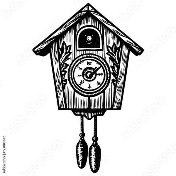 Fototapeta Classic cuckoo clock with wooden house design and pendulum. Detailed cuckoo clock illustration features ornate carvings and a traditional clock face.