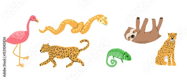 Fototapeta Bundle of wild tropical animals illustration included flamingo, leopard, and sloth. Set of wildlife animals vector illustrations