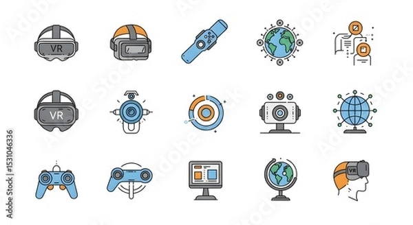 Fototapeta Collection of Futuristic Technology Icons Representing Virtual Reality, Global Connectivity, and Digital Innovation
