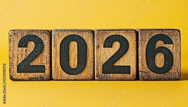 Fototapeta Rustic wooden blocks with bold black 2026 numbers on vibrant yellow background for new year or calendar concept Generative AI