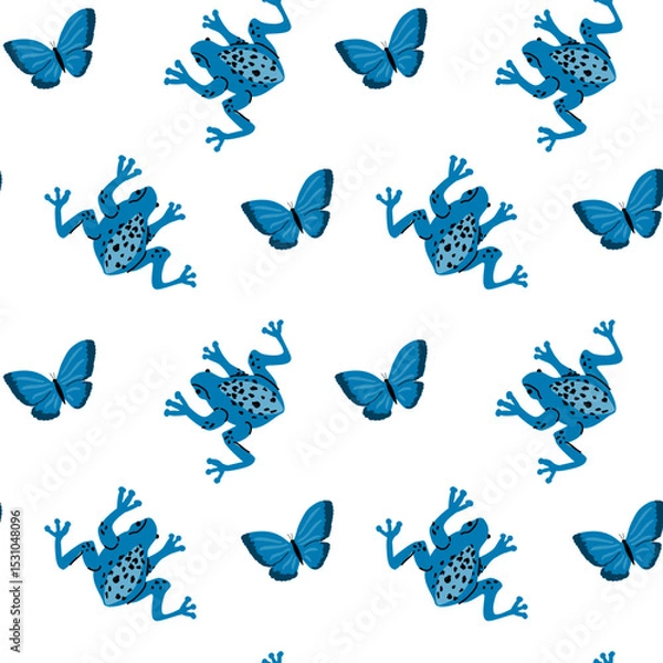 Fototapeta Tropical animal pattern with blue frogs and butterflies for design and decoration.