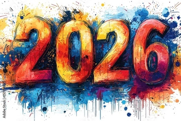 Fototapeta Colorful 2026 numbers in vibrant artistic paint splatter style on white background with abstract expressionist design Generative AI