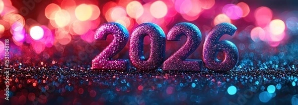 Fototapeta Glittery 2026 numbers with vibrant pink blue bokeh lights and sparkling festive background for new year celebration Generative AI