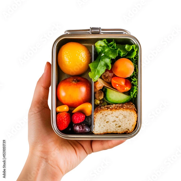 Obraz Hand holds a divided lunchbox packed with an assortment of fresh and colorful fruits, vegetables, and whole wheat bread, offering a healthy meal.