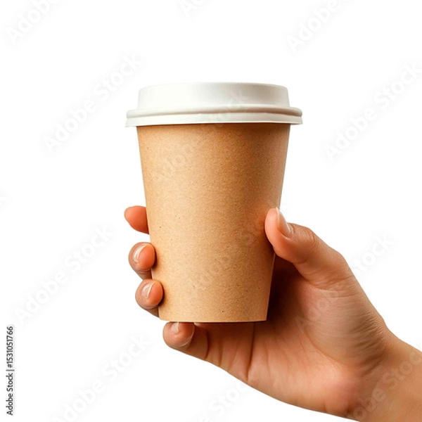 Obraz Hand holding a disposable cup with a white lid. The cup appears to contain a warm beverage, set against a stark black background.