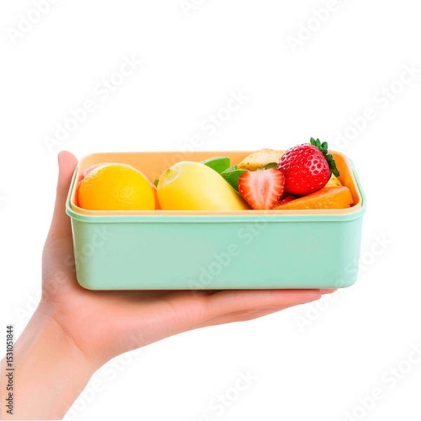 Obraz Hand holding a pastel colored lunchbox filled with fresh fruit including strawberries, oranges, and lemon on a black background.
