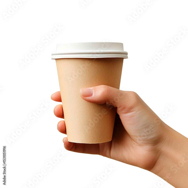 Obraz A hand holds a brown paper coffee cup with a white lid against a black background, suggesting a warm beverage and a moment of enjoyment.
