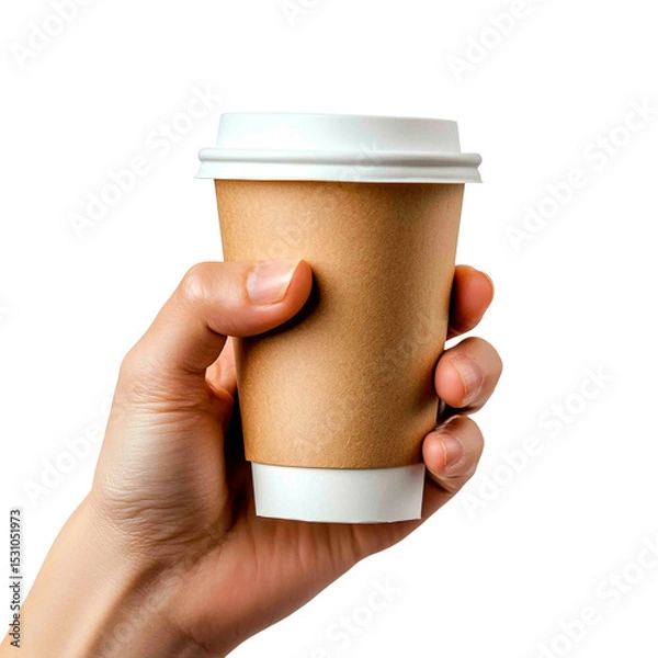Obraz Close-up: person's hand holding a takeaway coffee cup with a lid on a plain black background. Fresh beverage to go for a refreshing moment.