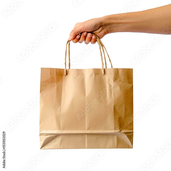 Obraz A hand holds a brown paper shopping bag against a solid black backdrop, a classic representation of retail purchases and takeaway services.