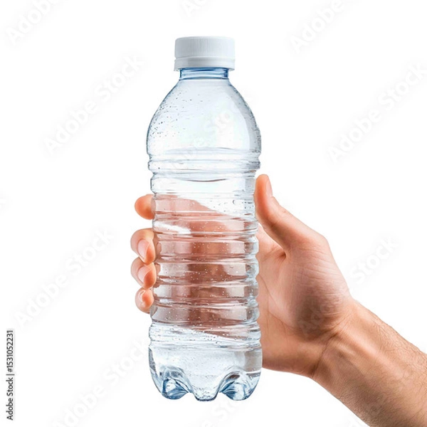 Obraz Hydration in Hand: A hand grips a transparent plastic bottle filled with clear, refreshing water, set against a contrasting black backdrop.