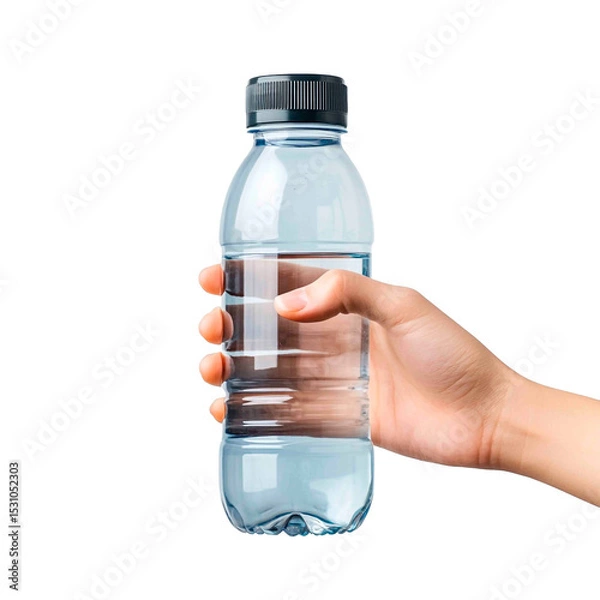 Obraz A clear plastic bottle is being held by a hand, filled with water against a black backdrop, exemplifying hydration and purity.