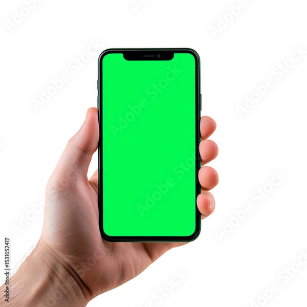Obraz Person holding smartphone with green screen, isolated on black backdrop. Modern technology and mobile communication representation.