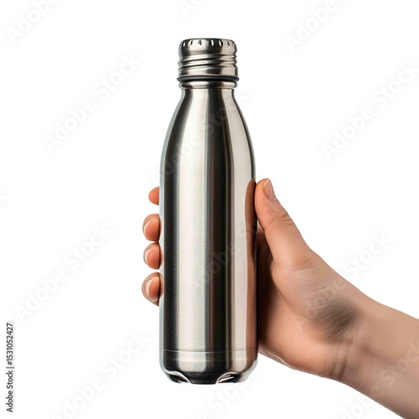 Obraz A hand is holding a stainless steel reusable water bottle against a solid black background, promoting sustainability and hydration.