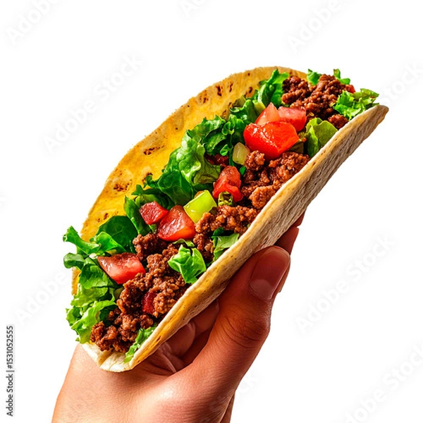 Obraz A hand holds a taco filled with seasoned ground meat, lettuce, and diced tomatoes. Fast food meal, quick and tasty. Isolated on black.
