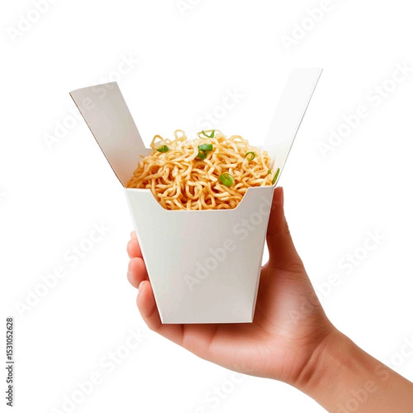 Obraz Close-up shot capturing a person's hand holding a carton filled with cooked noodles, garnished with green onions against a dark background.