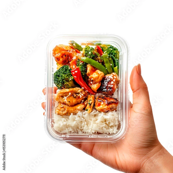 Obraz Takeout container with rice, chicken, broccoli and peppers held by a hand. The container is clear and rectangular with a fitted lid.