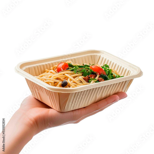 Obraz Hand holding a compostable container filled with a pasta dish featuring tomatoes, greens, and other toppings on a dark background.