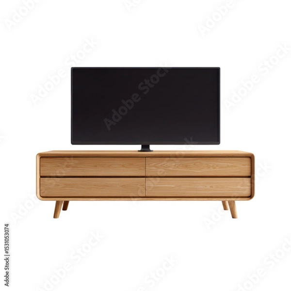 Fototapeta A simple and minimalist modern TV stand made of natural wood, transparent background