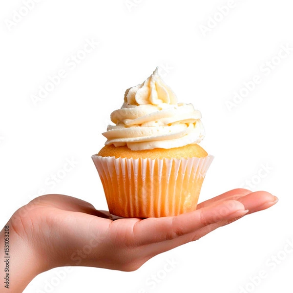 Obraz A creamy frosted cupcake held in a human hand against a black backdrop, showcasing a sweet treat ready to be enjoyed, bakery concept.