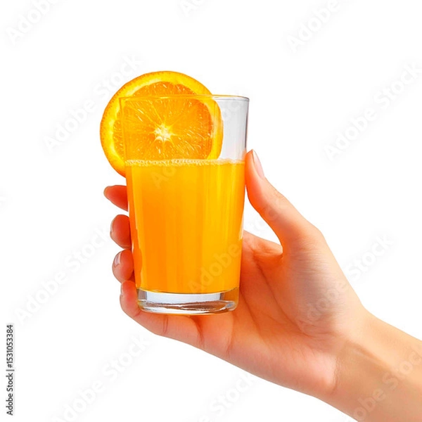 Obraz Freshly squeezed vibrant orange juice in a glass held by a hand with an orange slice perched atop on a black isolated background.