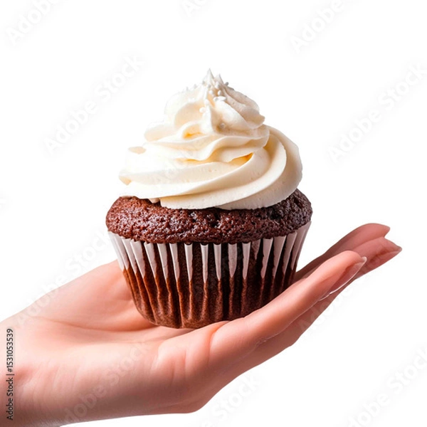 Obraz A tempting chocolate cupcake with creamy frosting held gently in a hand, inviting a delightful indulgence on a black background.
