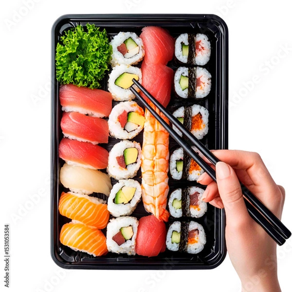 Obraz Assorted sushi platter featuring fresh tuna, salmon, shrimp, and California rolls, with chopsticks picking up a piece from the tray.
