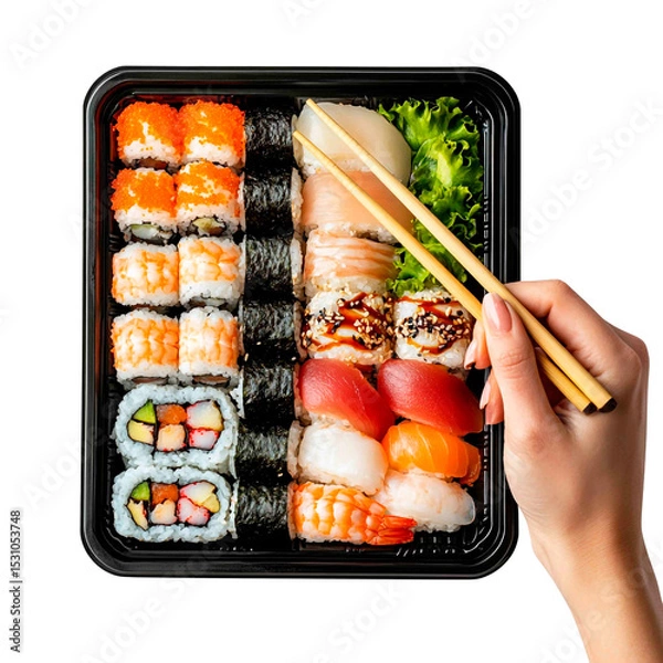 Obraz Assorted sushi platter featuring various rolls and nigiri, ready to be enjoyed with chopsticks on a black background.