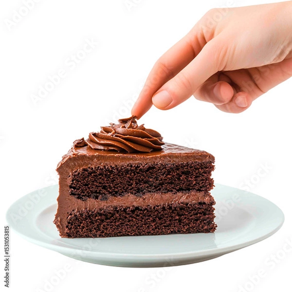 Obraz A hand decorates a delicious slice of rich chocolate cake with chocolate frosting, served on a pristine white plate. Dark background.