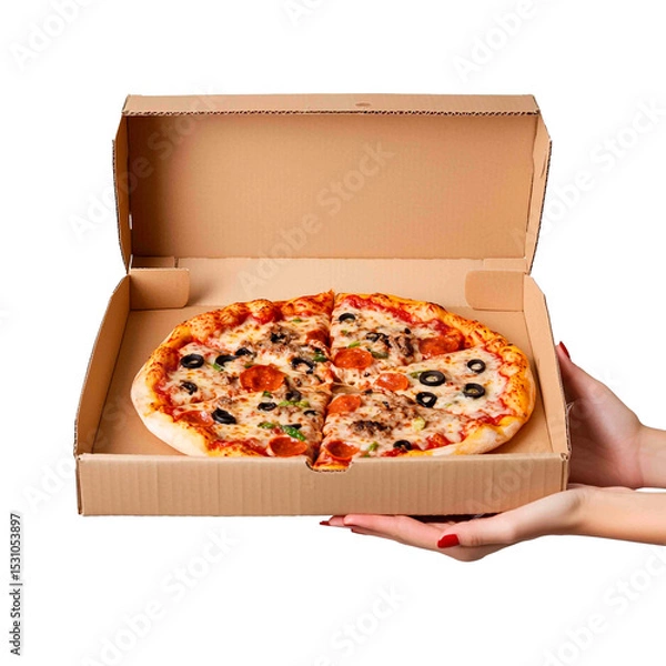 Obraz A delicious pizza in a cardboard box held by two hands. The pizza has a variety of toppings, including pepperoni, olives, and tuna.
