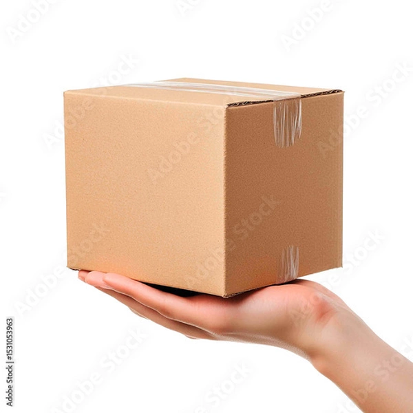 Obraz A tan square cardboard box, sealed with tape, is held in an outstretched hand against a black background. Simple, isolated and focused.