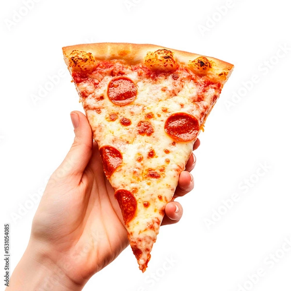Obraz A hand holds a slice of pepperoni pizza with cheese, tomato sauce, and a delicious crust. The perfect snack.